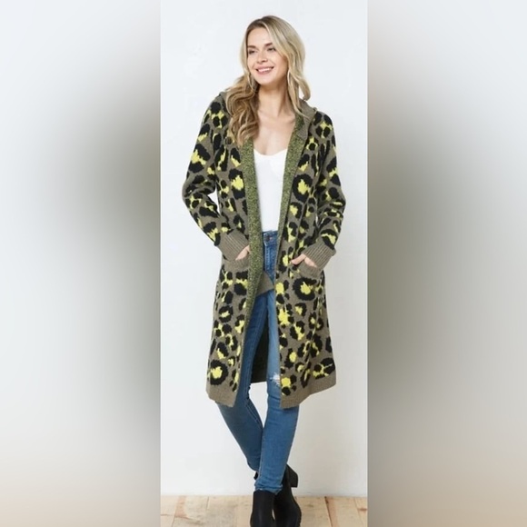 Cozy Casual Cheetah Print Duster Cardigan Sweater w/ Hood,  Grn/Blk, Sz 2X-3X - Picture 2 of 12